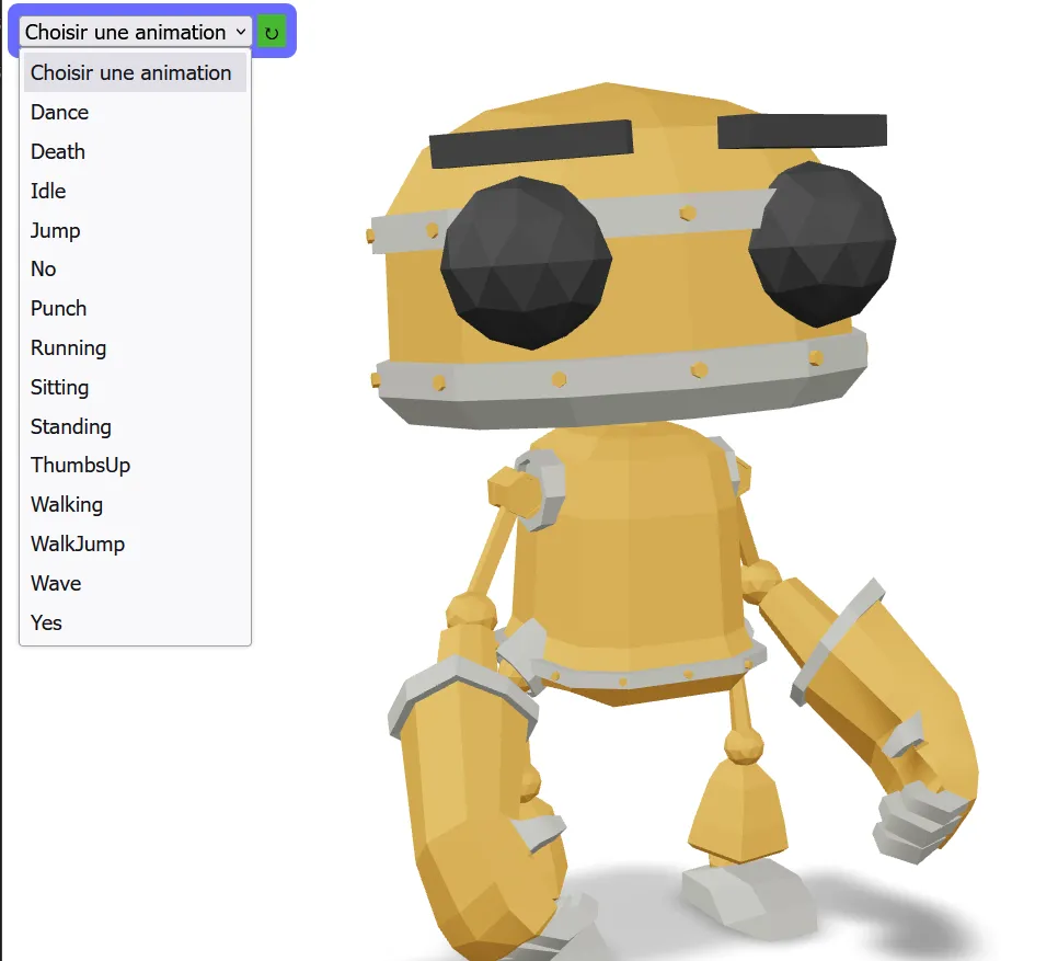 Interface de contrôle des animations dans la visionneuse 3D Visuality