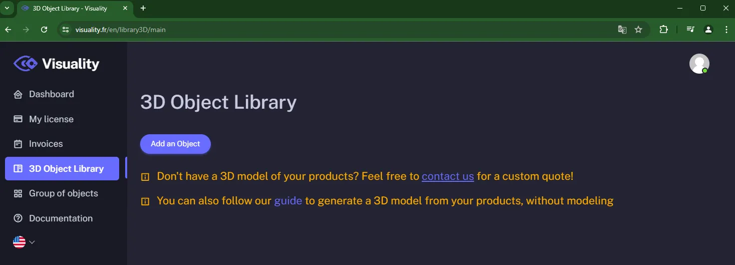 Add an Object button in the Visuality 3D library