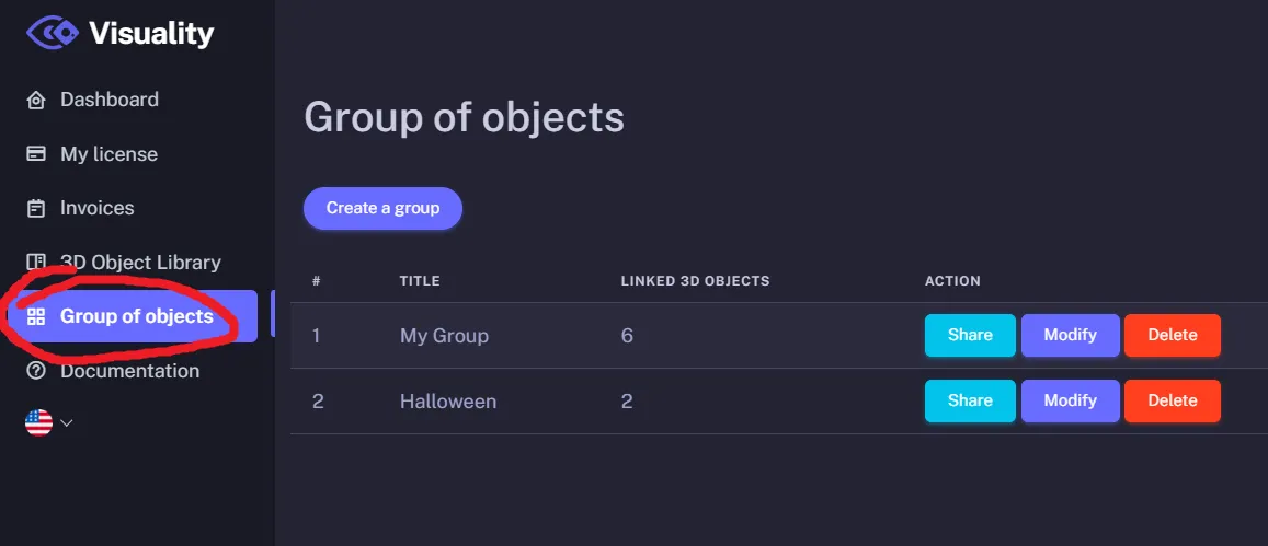 Object groups page with the Create a group button