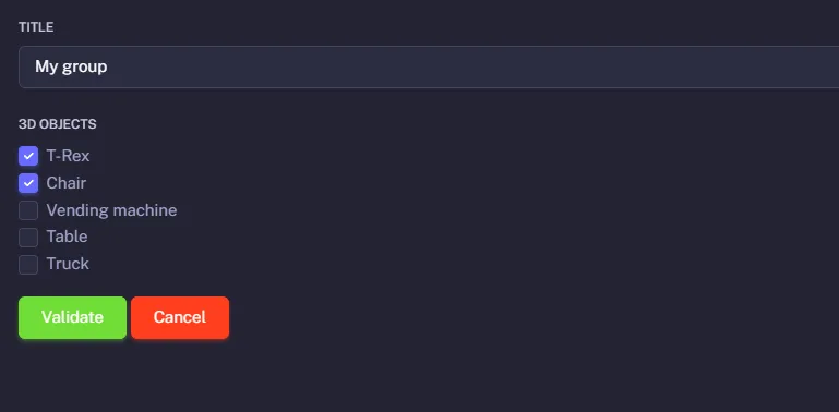 Group creation form with 3D object selection
