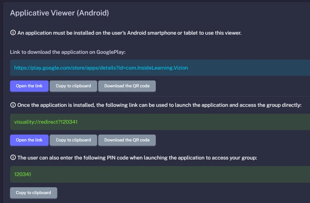 Sharing options via the Android app viewer