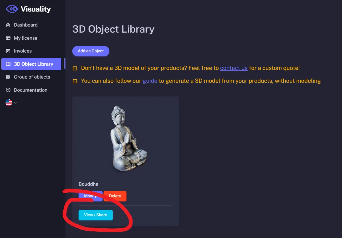 View/Share button in the 3D objects library