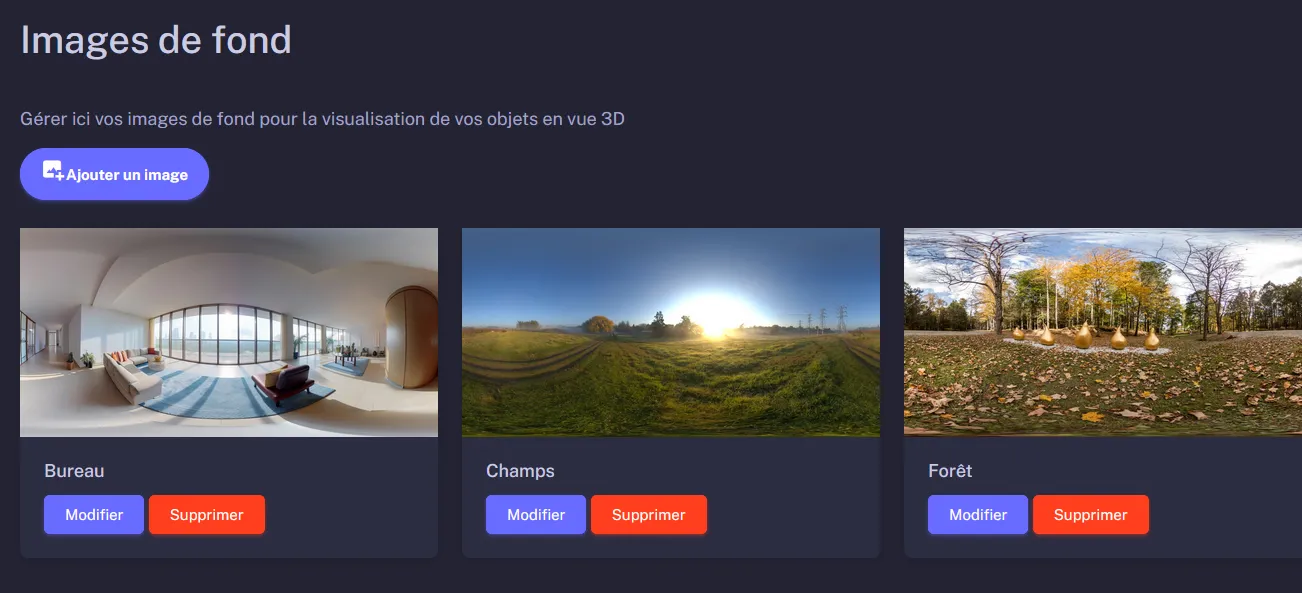 Interface de gestion de la librairie d'images de fond équirectangulaires