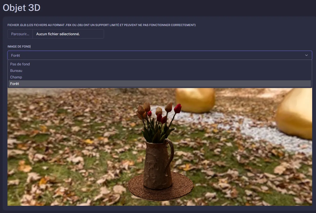 Sélection de l'image de fond dans la page de modification d'un objet 3D