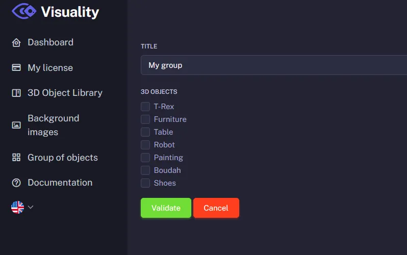 Group creation form with 3D object selection