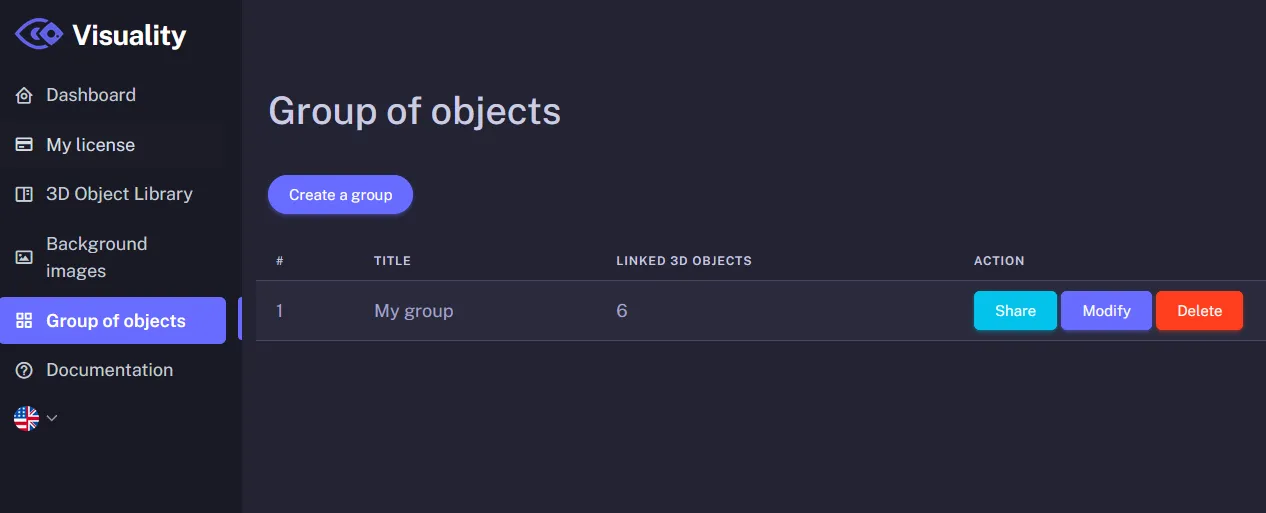 3D object groups list with share button