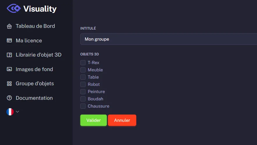 Formulaire de création d'un groupe avec sélection des objets 3D