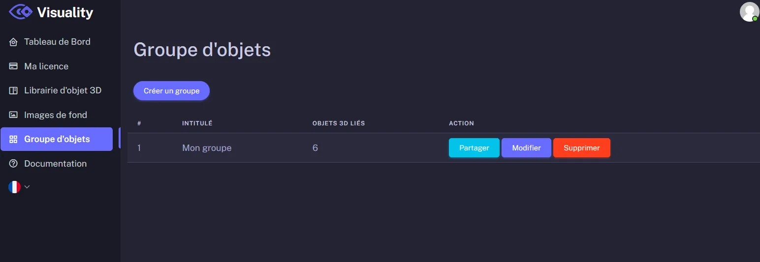 Liste des groupes d'objets 3D avec bouton de partage