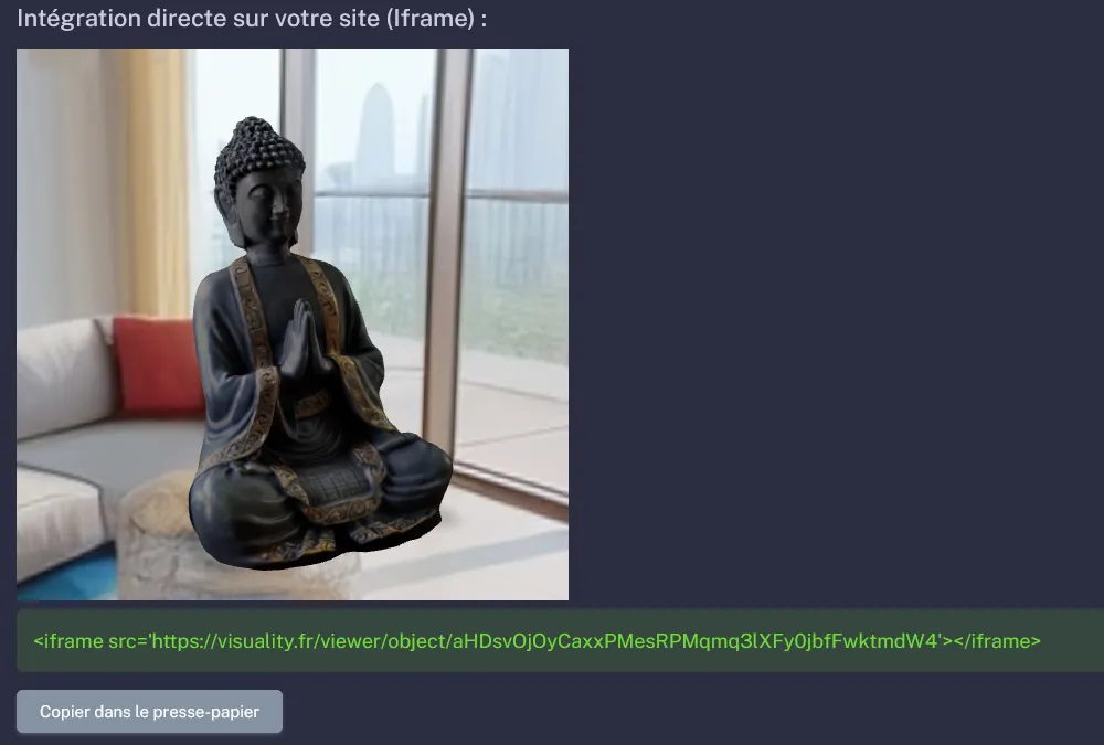 Code HTML d'intégration directe de la visionneuse 3D sur votre site