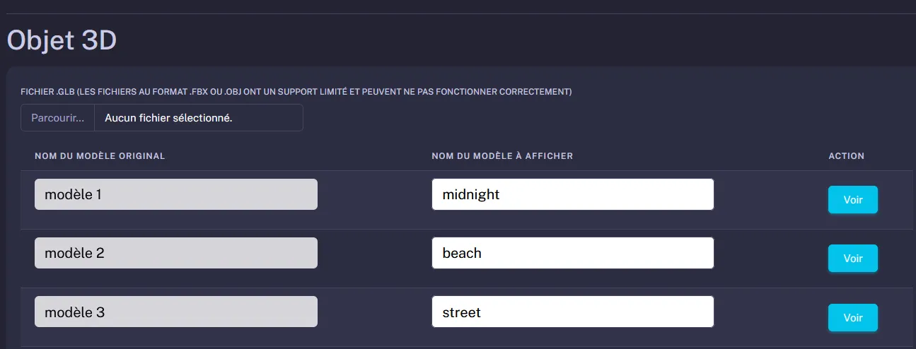 Interface de gestion des variantes de personnalisation d'un objet 3D