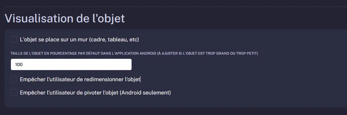Options de taille et redimensionnement dans les paramètres de l'objet 3D