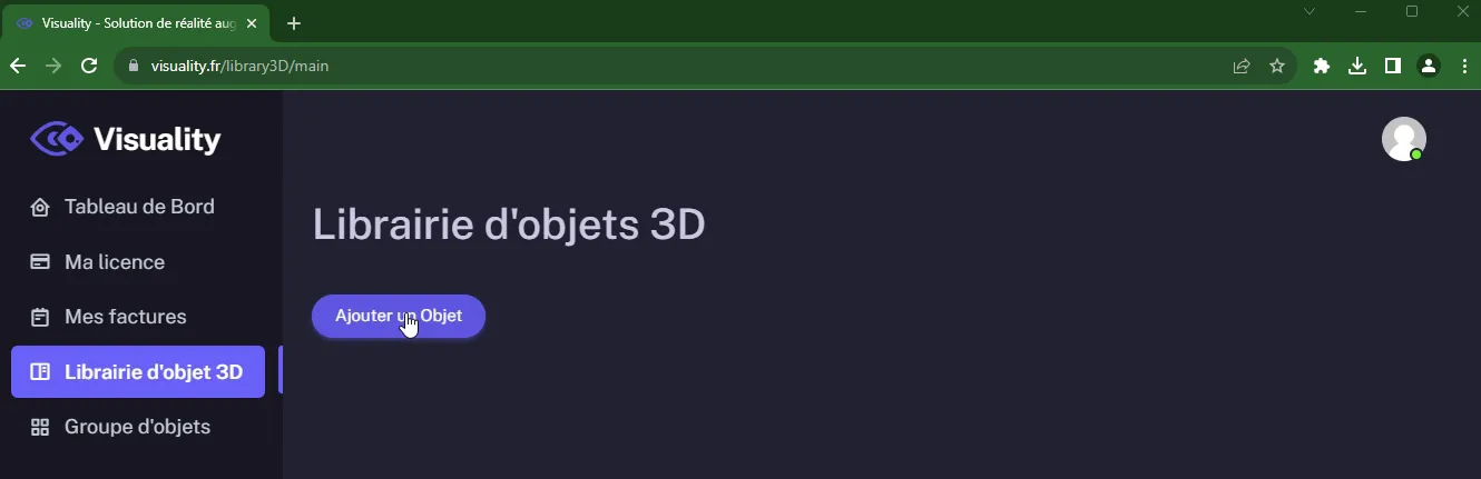 Bouton Ajouter un Objet dans la librairie 3D Visuality