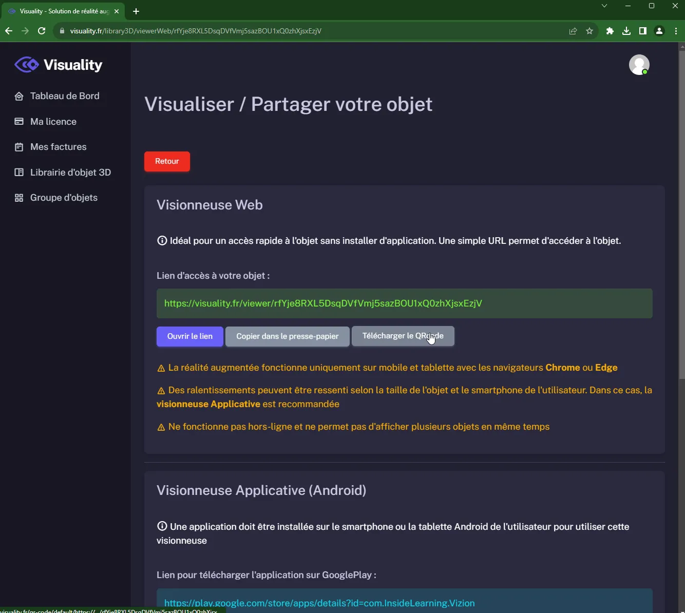 Page de partage avec les visionneuses web et applicative