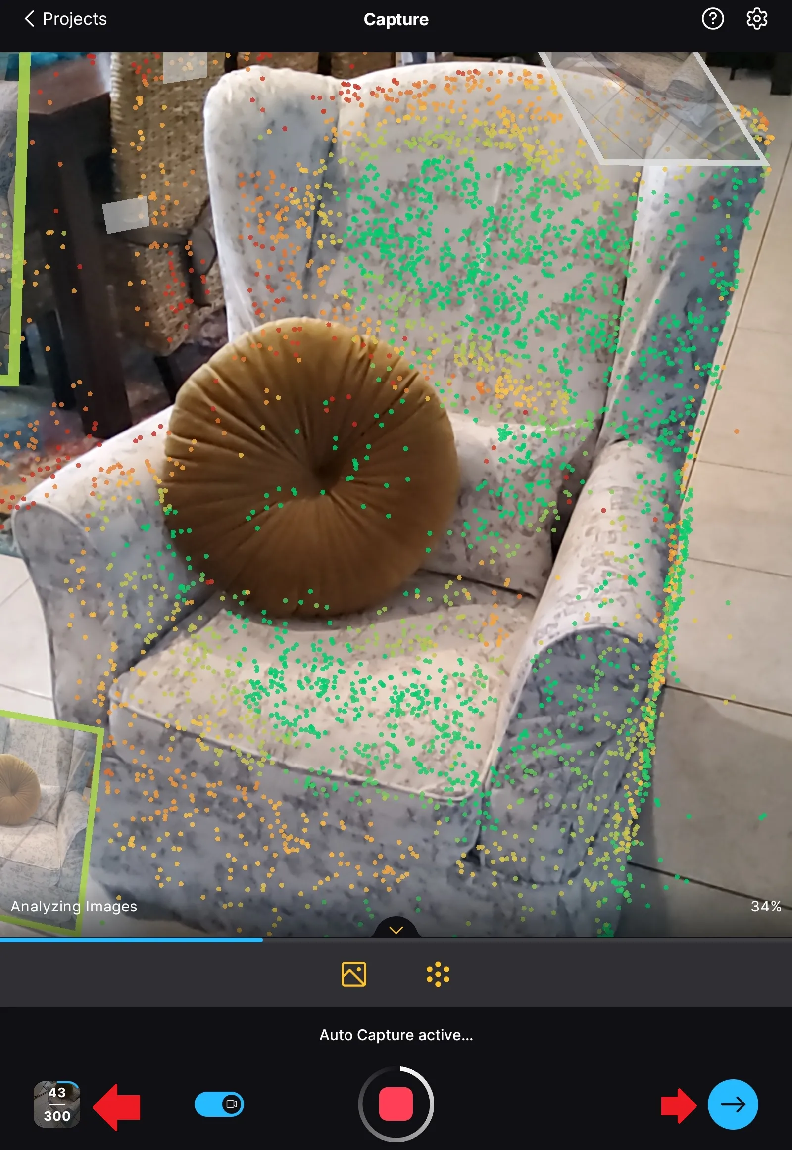 Nuage de points avec zones rouges indiquant les zones insuffisamment capturées