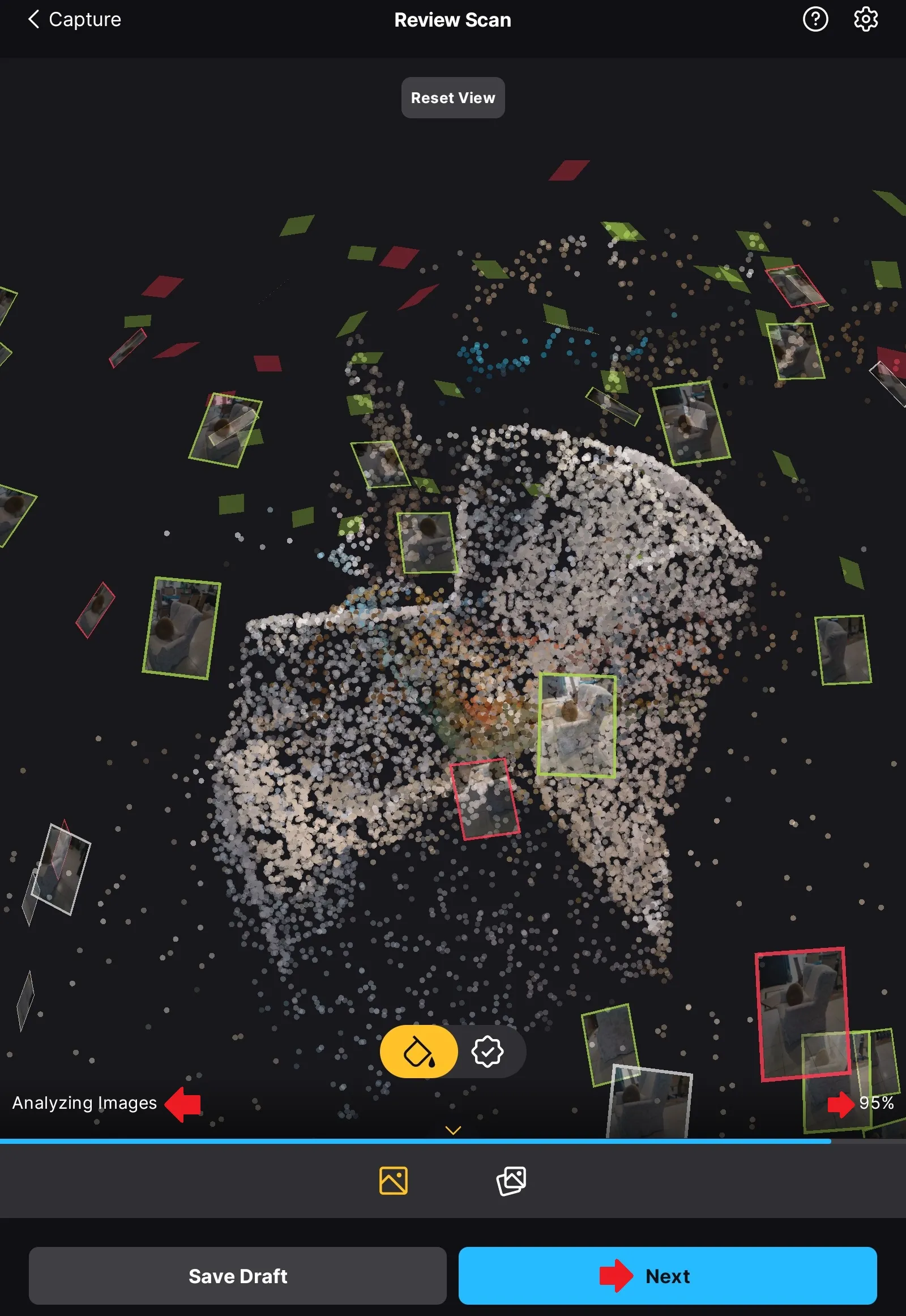 Analyse en cours des photos capturées dans RealityScan