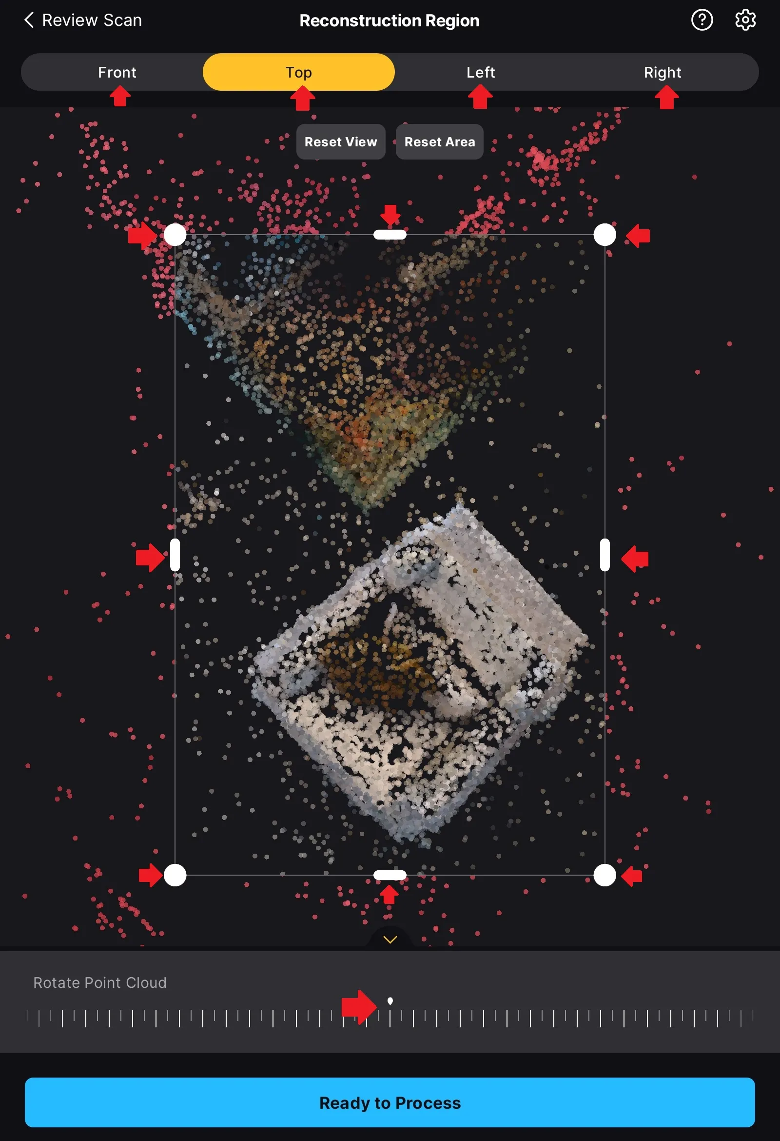 Interface de recadrage de l'objet 3D capturé