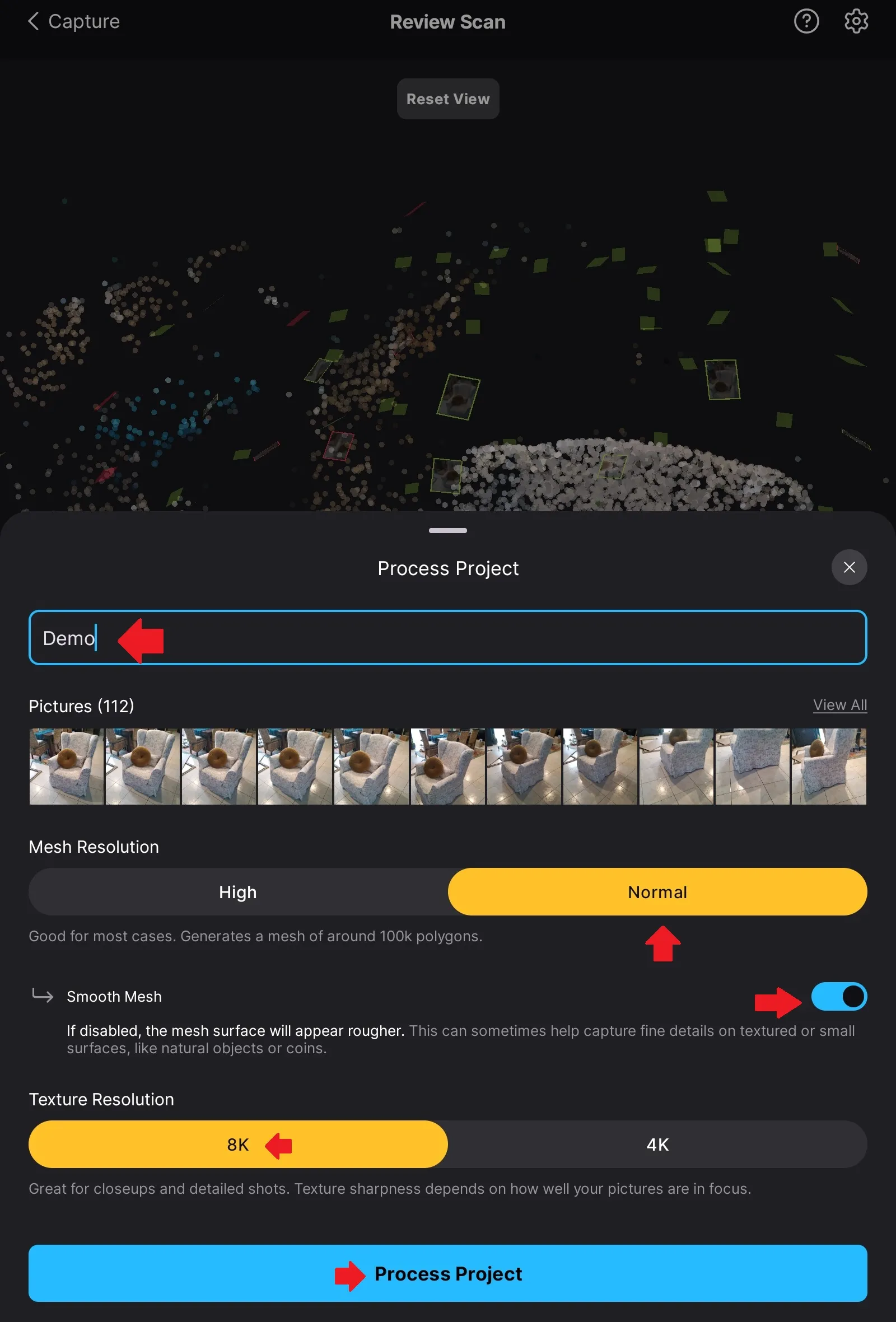 Options de traitement et bouton Ready to process dans RealityScan