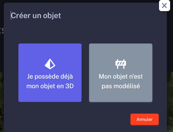 Sélection de l'option Je possède déjà mon objet en 3D