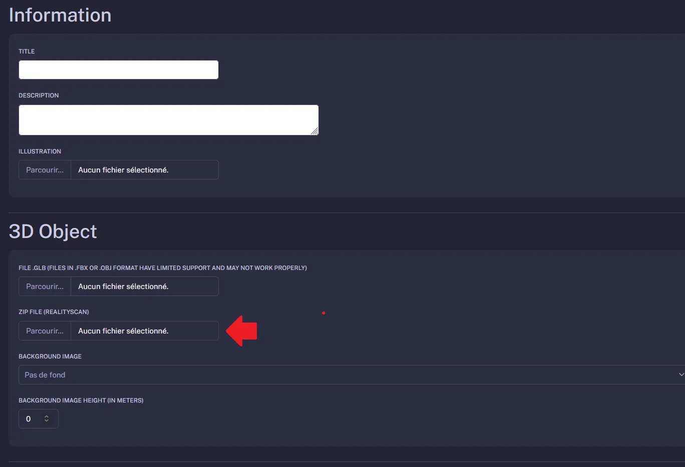 3D object upload form with RealityScan file import