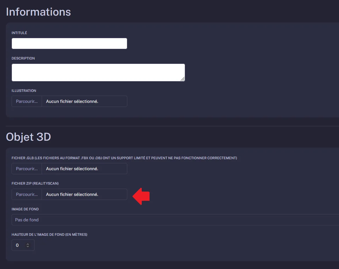 Formulaire d'ajout d'un objet 3D avec import du fichier RealityScan