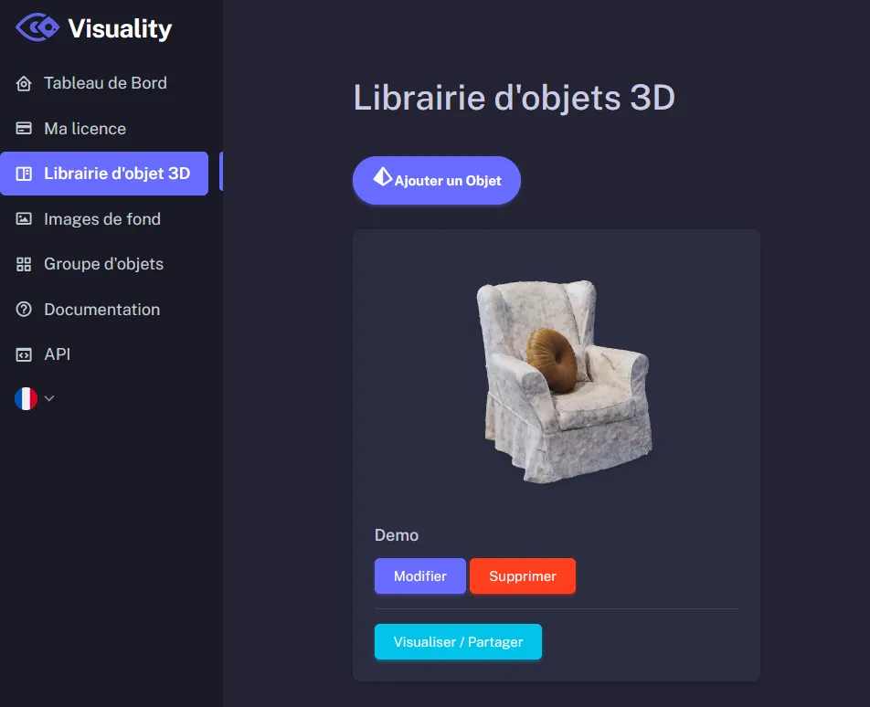 Librairie d'objets 3D avec le modèle importé depuis RealityScan
