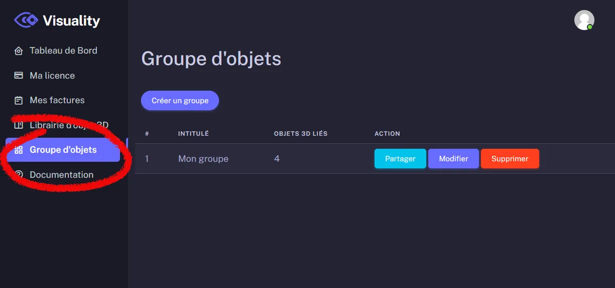 Page Groupe d'objets avec le bouton Créer un groupe