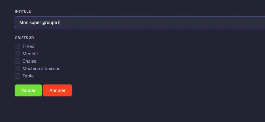 Formulaire de création d'un groupe avec sélection des objets 3D
