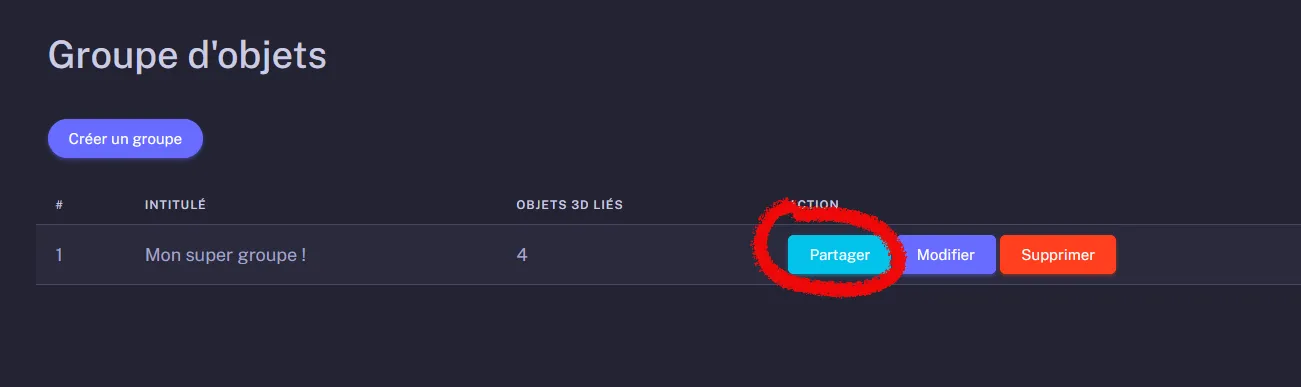 Bouton Partager pour accéder aux options de partage du groupe