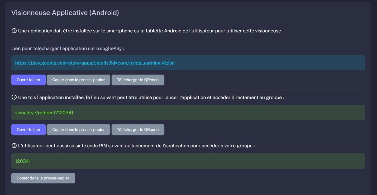 Options de partage via la visionneuse applicative Android