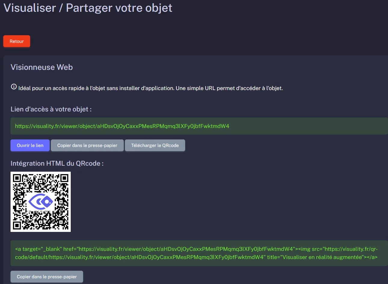 Lien d'accès direct et QRcode de la visionneuse web